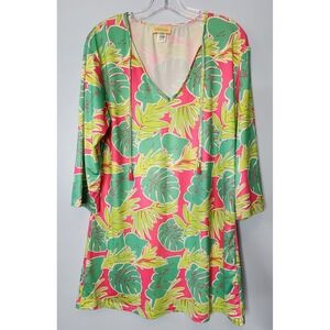 Viv & Lou Tropical Palm Print Tunic Dress S/M Pink Green 3/4 Slv Beach Cover EXC